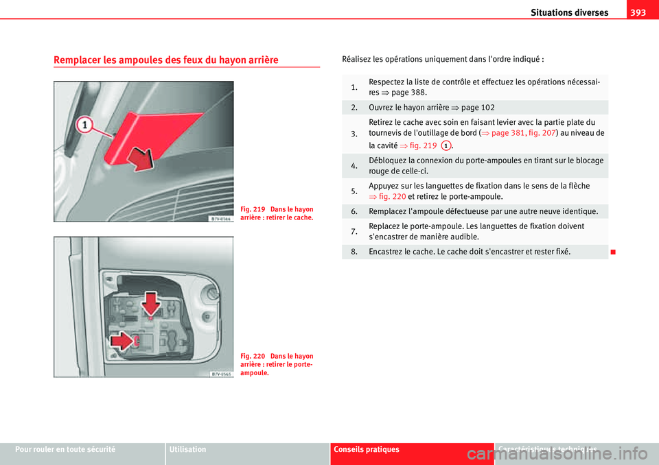 Seat Alhambra 2010 Manuel du propriétaire (in French) Situations diverses393
Pour rouler en toute sécuritéUtilisationConseils pratiquesCaractéristiques techniques
Remplacer les ampoules des feux du hayon arrièreRéalisez les opérations uniquement da Seat Alhambra 2010 Manuel du propriétaire (in French) Situations diverses393
Pour rouler en toute sécuritéUtilisationConseils pratiquesCaractéristiques techniques
Remplacer les ampoules des feux du hayon arrièreRéalisez les opérations uniquement da