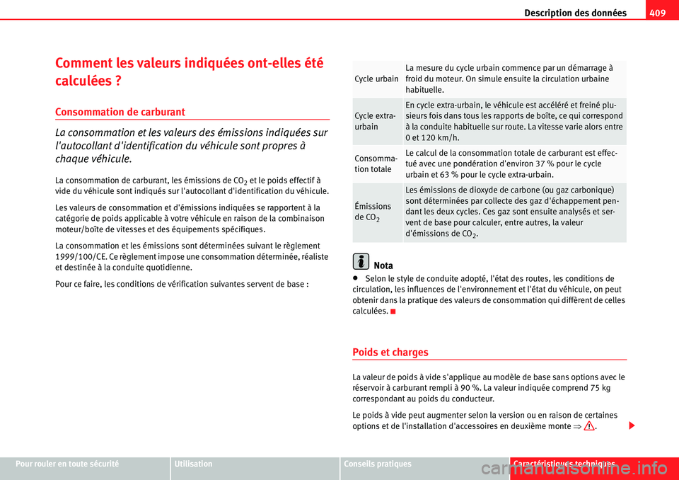Seat Alhambra 2010  Manuel du propriétaire (in French)  Description des données409
Pour rouler en toute sécuritéUtilisationConseils pratiquesCaractéristiques techniques
Comment les valeurs indiquées ont-elles été 
calculées ?
Consommation de carbur