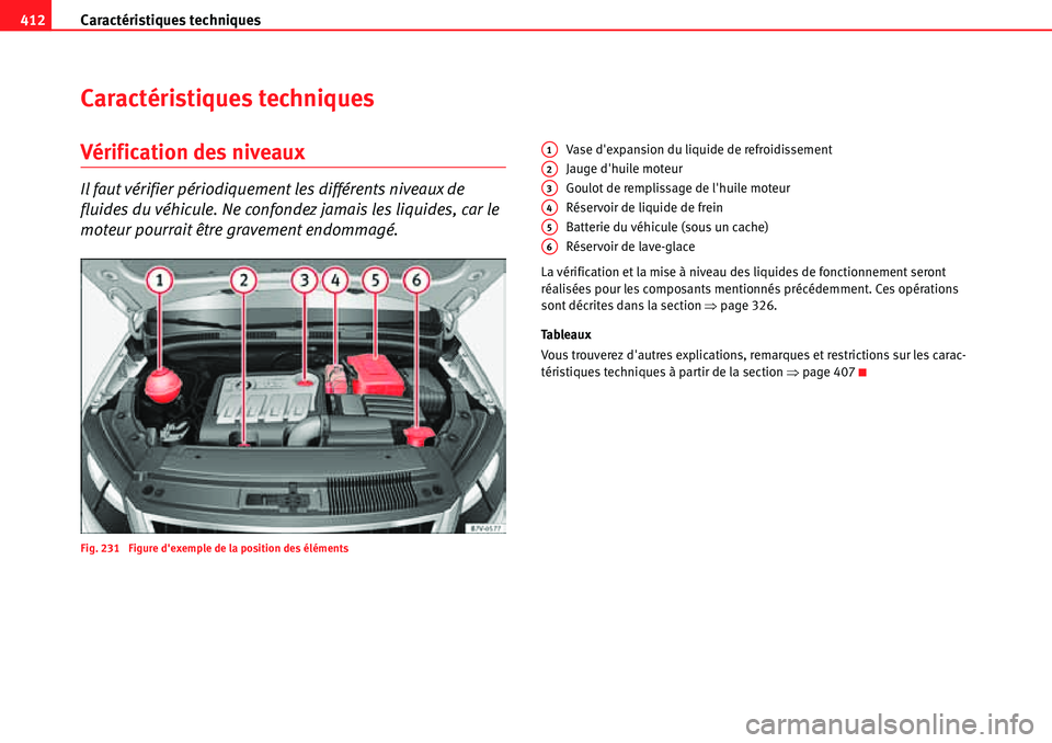 Seat Alhambra 2010  Manuel du propriétaire (in French)  Caractéristiques techniques 412
Caractéristiques techniques
Vérification des niveaux
Il faut vérifier périodiquement les différents niveaux de 
fluides du véhicule. Ne confondez jamais les liqu