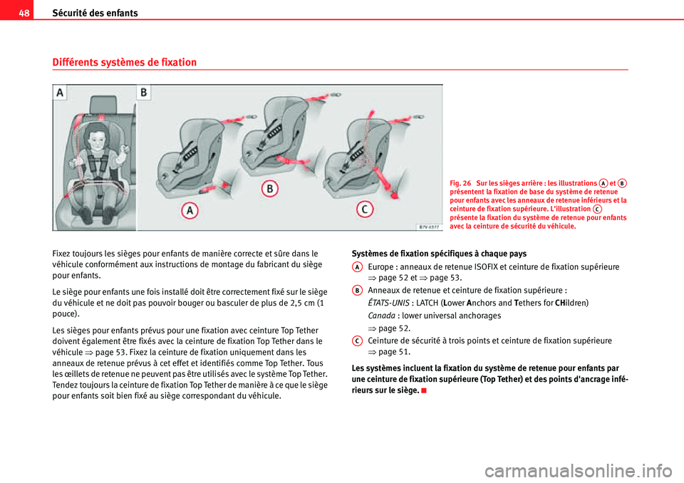Seat Alhambra 2010  Manuel du propriétaire (in French)  Sécurité des enfants 48
Différents systèmes de fixation
Fixez toujours les sièges pour enfants de manière correcte et sûre dans le 
véhicule conformément aux instructions de montage du fabric