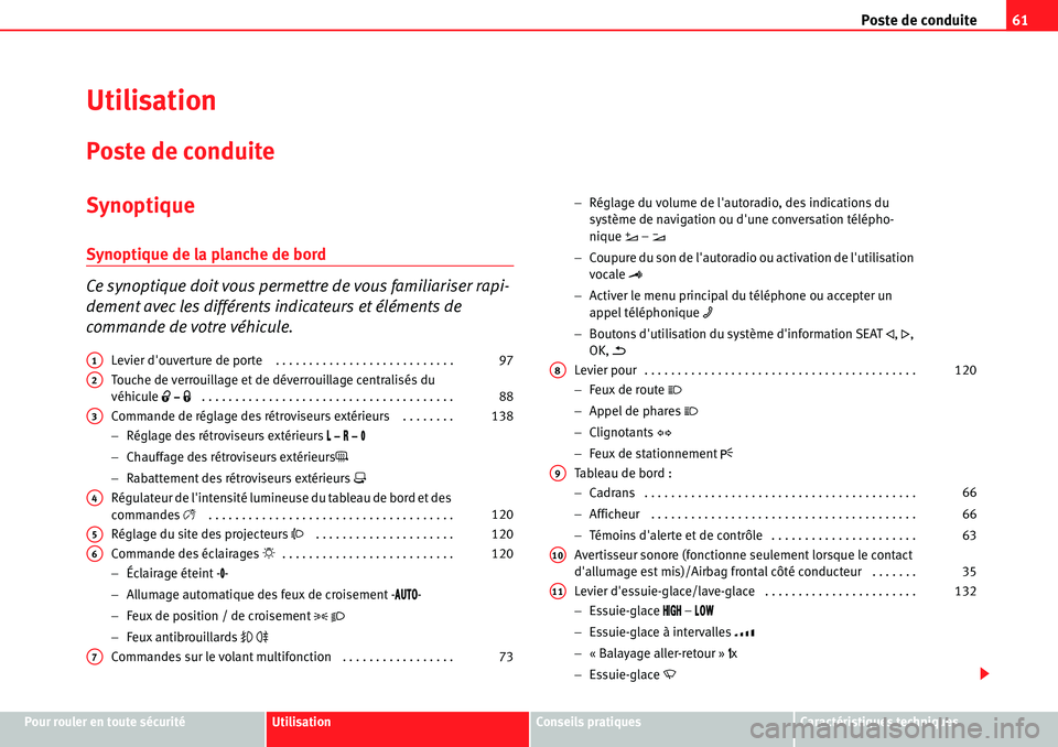 Seat Alhambra 2010  Manuel du propriétaire (in French)  Poste de conduite61
Pour rouler en toute sécuritéUtilisationConseils pratiquesCaractéristiques techniques
Utilisation
Poste de conduite
Synoptique
Synoptique de la planche de bord
Ce synoptique doi