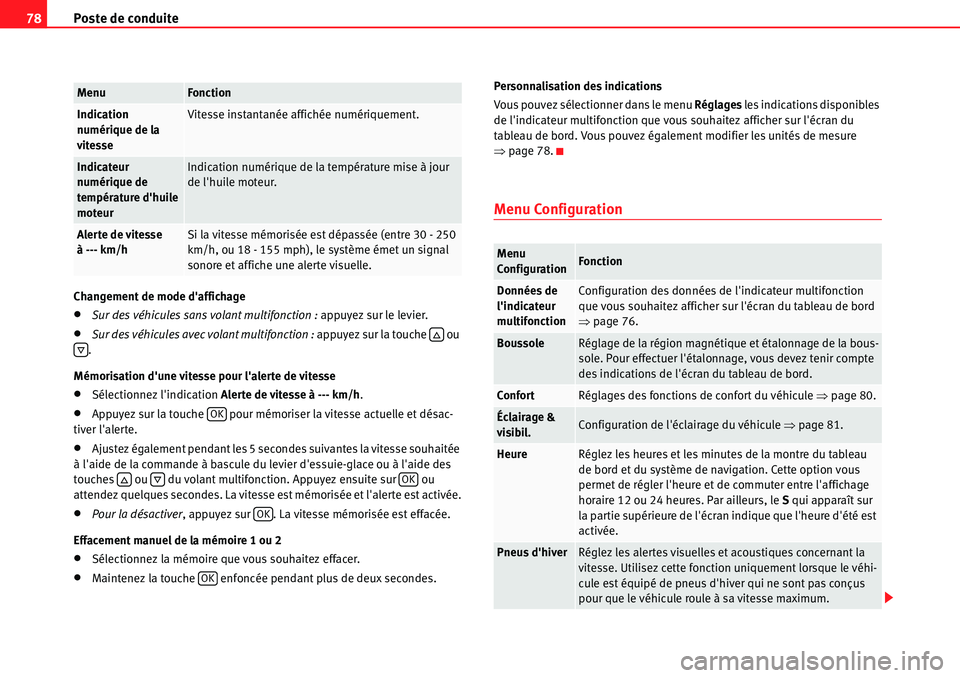 Seat Alhambra 2010  Manuel du propriétaire (in French)  Poste de conduite 78
Changement de mode daffichage
�xSur des véhicules sans volant multifonction : appuyez sur le levier.
�xSur des véhicules avec volant multifonction : appuyez sur la touche   ou 