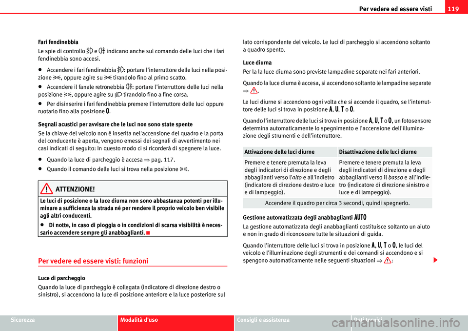 Seat Alhambra 2010  Manuale del proprietario (in Italian) Per vedere ed essere visti119
SicurezzaModalità dusoConsigli e assistenzaDati tecnici Fari fendinebbia
Le spie di controllo 
�	 e �
 indicano anche sul comando delle luci che i fari 
fendinebbia son