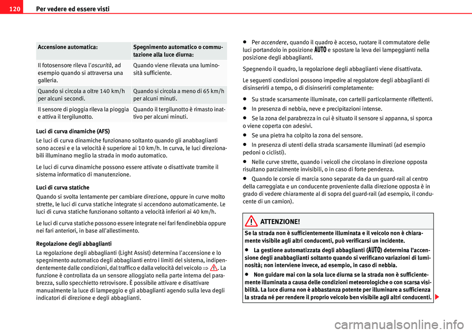 Seat Alhambra 2010  Manuale del proprietario (in Italian) Per vedere ed essere visti 120
Luci di curva dinamiche (AFS)
Le luci di curva dinamiche funzionano soltanto quando gli anabbaglianti 
sono accesi e e la velocità è superiore ai 10 km/h. In curva, le