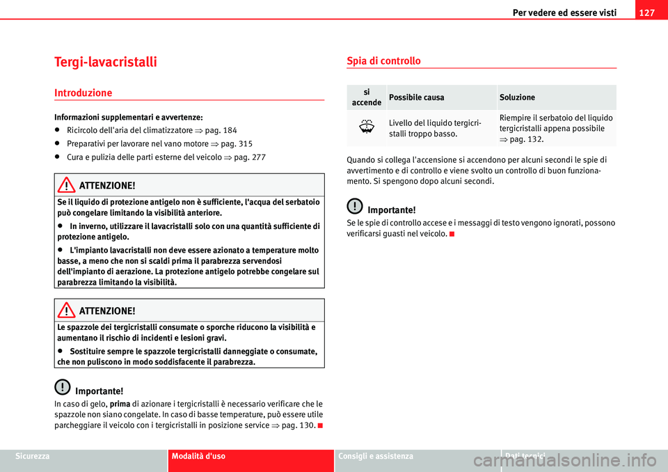Seat Alhambra 2010  Manuale del proprietario (in Italian) Per vedere ed essere visti127
SicurezzaModalità dusoConsigli e assistenzaDati tecnici
Tergi-lavacristalli
Introduzione
Informazioni supplementari e avvertenze:
�xRicircolo dellaria del climatizzato
