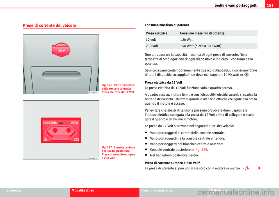 Seat Alhambra 2010  Manuale del proprietario (in Italian) Sedili e vani portaoggetti181
SicurezzaModalità dusoConsigli e assistenzaDati tecnici
Prese di corrente del veicoloConsumo massimo di potenza
Non oltrepassare la capacità massima di ogni presa di c