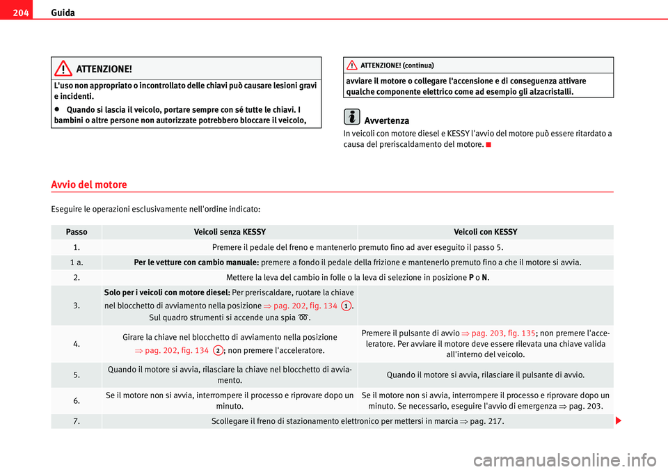 Seat Alhambra 2010  Manuale del proprietario (in Italian) Guida 204
ATTENZIONE!
Luso non appropriato o incontrollato delle chiavi può causare lesioni gravi 
e incidenti.
�xQuando si lascia il veicolo, portare sempre con sé tutte le chiavi. I 
bambini o al