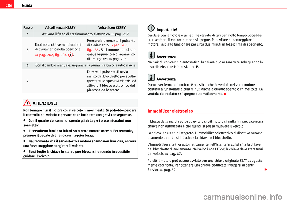 Seat Alhambra 2010  Manuale del proprietario (in Italian) Guida 206
ATTENZIONE!
Non fermare mai il motore con il veicolo in movimento. Si potrebbe perdere 
il controllo del veicolo e provocare un incidente con gravi conseguenze.
�xCon il quadro dei comandi s