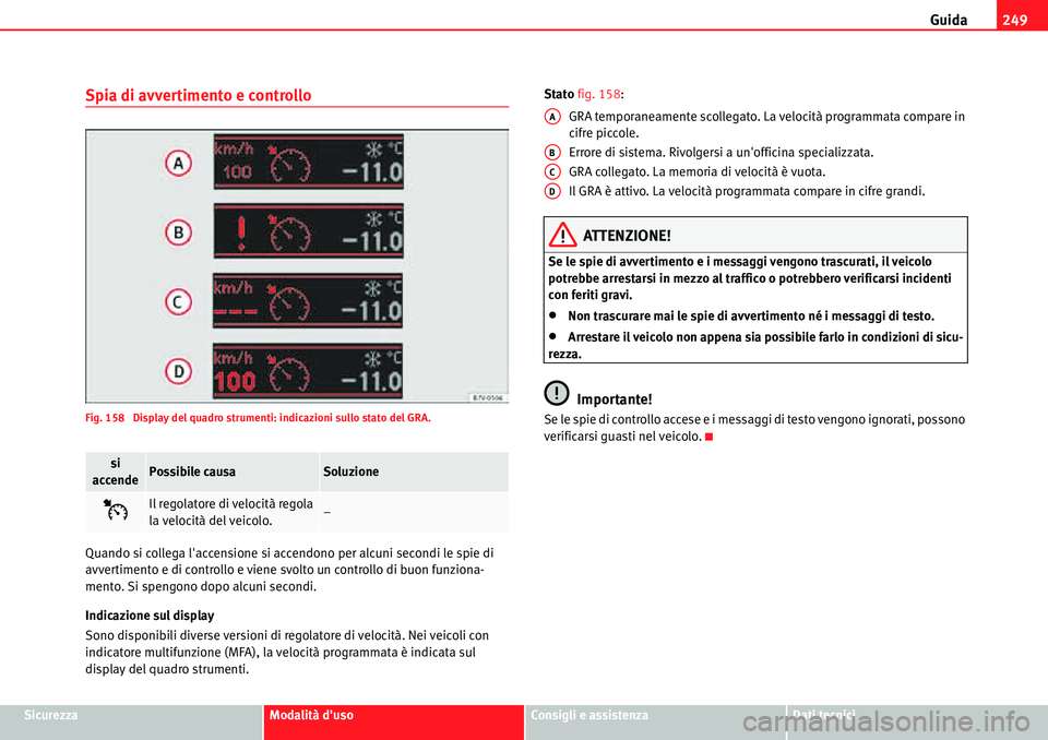 Seat Alhambra 2010  Manuale del proprietario (in Italian) Guida249
SicurezzaModalità dusoConsigli e assistenzaDati tecnici
Spia di avvertimento e controllo
Fig. 158  Display del quadro strumenti: indicazioni sullo stato del GRA.
Quando si collega laccensi