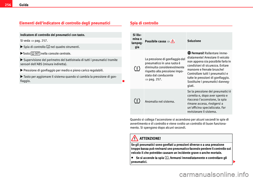 Seat Alhambra 2010  Manuale del proprietario (in Italian) Guida 256
Elementi dellindicatore di controllo degli pneumaticiSpia di controllo
Quando si collega laccensione si accendono per alcuni secondi le spie di 
avvertimento e di controllo e viene svolto 