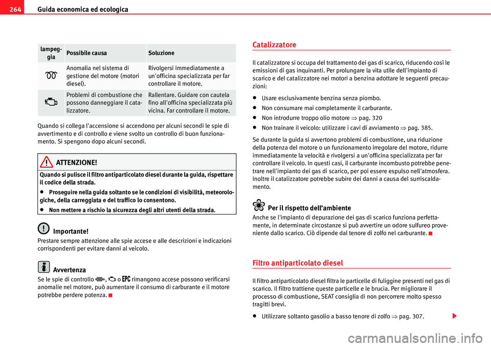 Seat Alhambra 2010  Manuale del proprietario (in Italian) Guida economica ed ecologica 264
Quando si collega laccensione si accendono per alcuni secondi le spie di 
avvertimento e di controllo e viene svolto un controllo di buon funziona-
mento. Si spengono