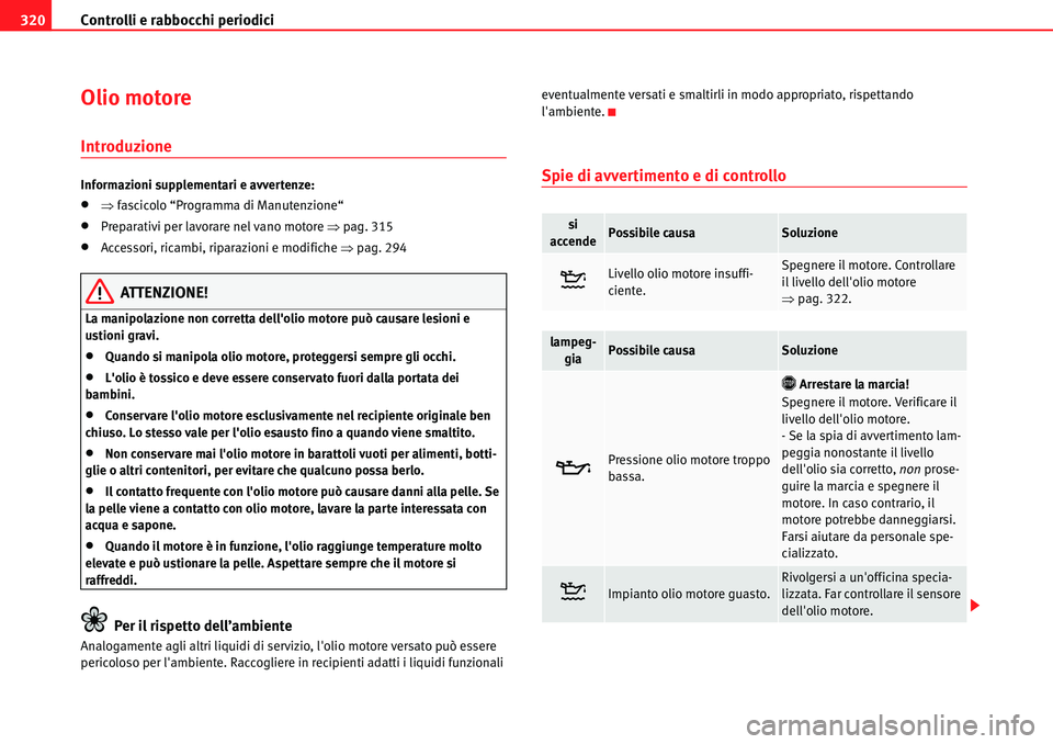 Seat Alhambra 2010  Manuale del proprietario (in Italian) Controlli e rabbocchi periodici 320
Olio motore
Introduzione
Informazioni supplementari e avvertenze:
�x�Ÿfascicolo “Programma di Manutenzione“
�xPreparativi per lavorare nel vano motore �Ÿpag. 