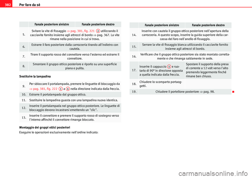 Seat Alhambra 2010  Manuale del proprietario (in Italian) Per fare da sé 382
Sostituire la lampadina
Montaggio dei gruppi ottici posteriori
Eseguire le operazioni esclusivamente nellordine indicato:
5.Svitare la vite di fissaggio �Ÿpag. 381, fig. 221   ut