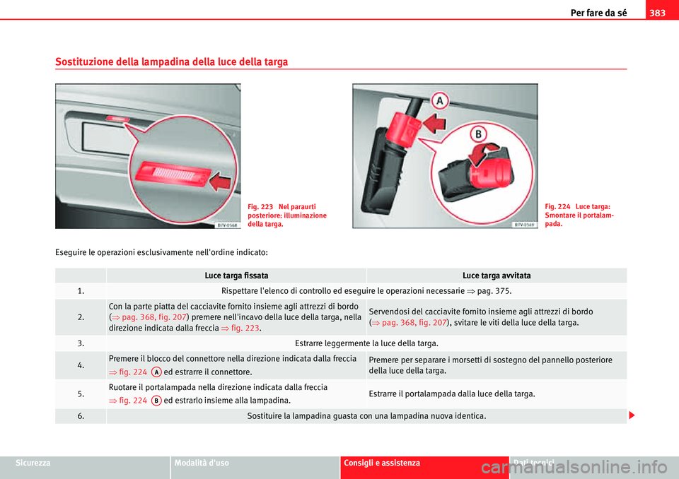 Seat Alhambra 2010  Manuale del proprietario (in Italian) Per fare da sé383
SicurezzaModalità dusoConsigli e assistenzaDati tecnici
Sostituzione della lampadina della luce della targa
Eseguire le operazioni esclusivamente nellordine indicato:
Fig. 223  N