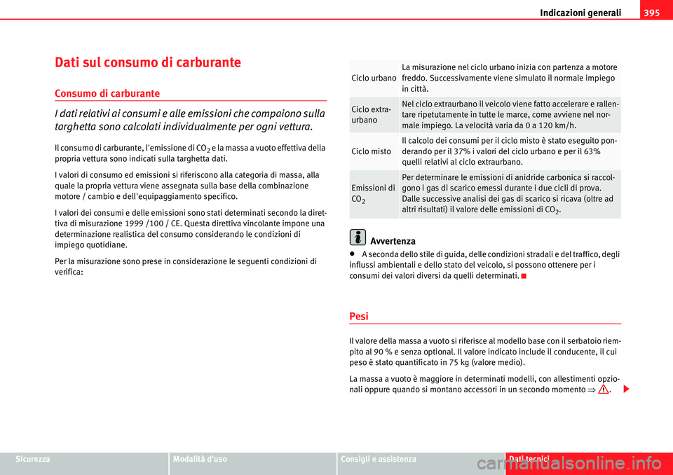 Seat Alhambra 2010  Manuale del proprietario (in Italian) Indicazioni generali395
SicurezzaModalità dusoConsigli e assistenzaDati tecnici
Dati sul consumo di carburante
Consumo di carburante
I dati relativi ai consumi e alle emissioni che compaiono sulla 
