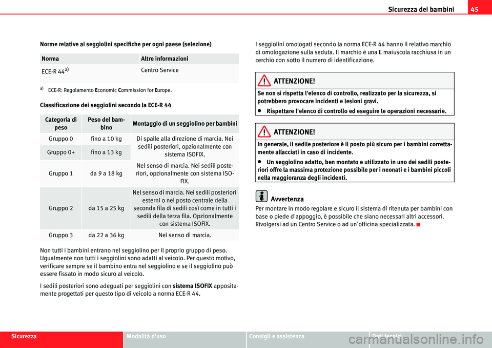 Seat Alhambra 2010  Manuale del proprietario (in Italian) Sicurezza dei bambini45
SicurezzaModalità dusoConsigli e assistenzaDati tecnici Norme relative ai seggiolini specifiche per ogni paese (selezione)
Classificazione dei seggiolini secondo la ECE-R 44
