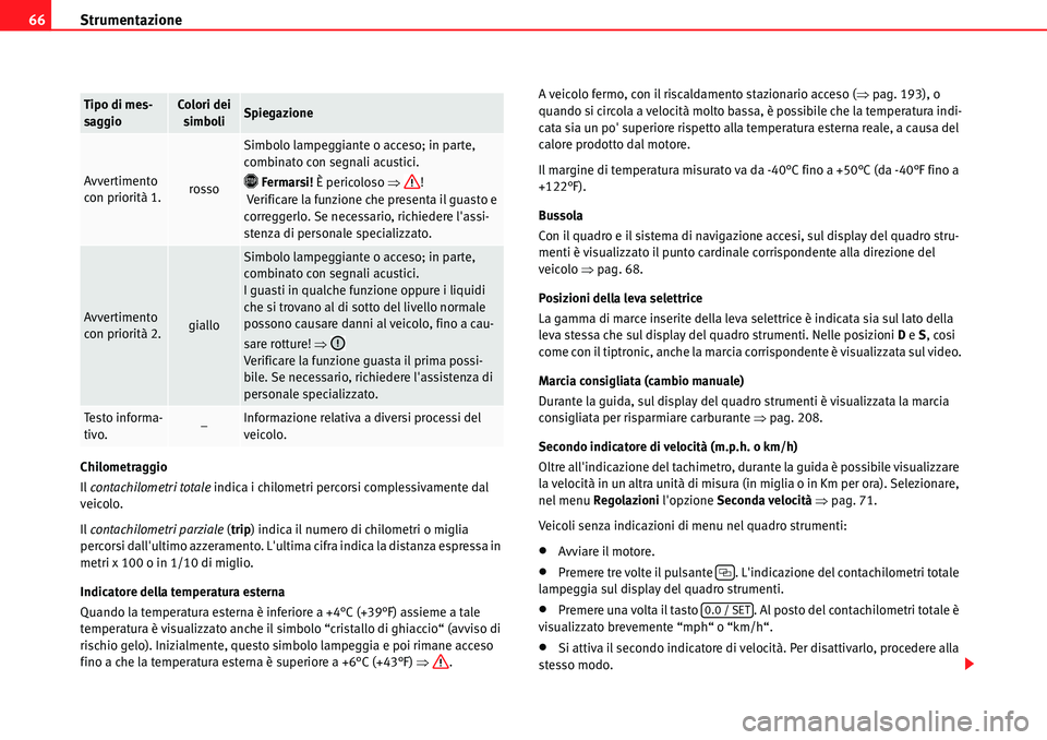 Seat Alhambra 2010  Manuale del proprietario (in Italian) Strumentazione 66
Chilometraggio
Il contachilometri totale indica i chilometri percorsi complessivamente dal 
veicolo.
Il contachilometri parziale (trip) indica il numero di chilometri o miglia 
perco