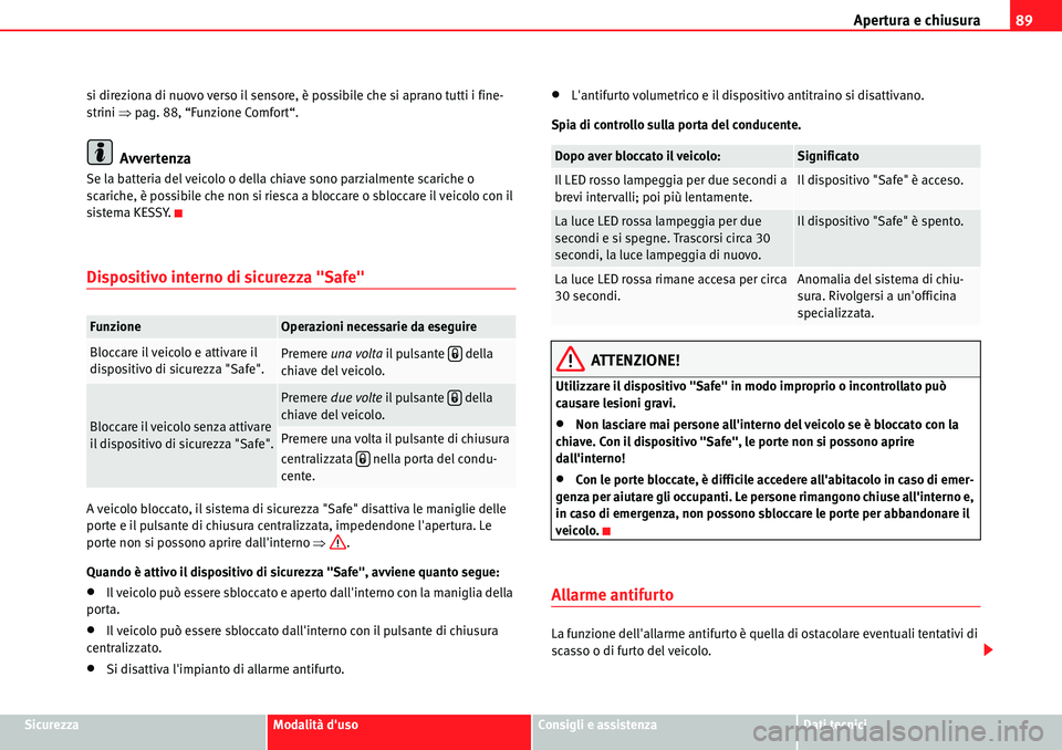 Seat Alhambra 2010  Manuale del proprietario (in Italian) Apertura e chiusura89
SicurezzaModalità dusoConsigli e assistenzaDati tecnici si direziona di nuovo verso il sensore, è possibile che si aprano tutti i fine-
strini �Ÿpag. 88, “Funzione Comfort