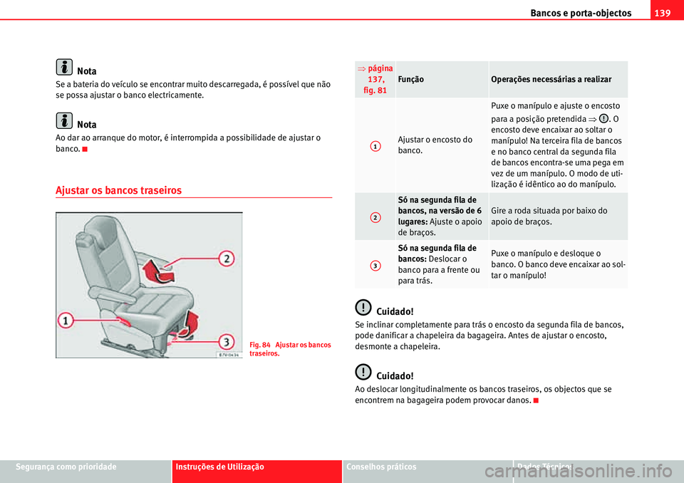 Seat Alhambra 2010  Manual do proprietário (in Portuguese)  Bancos e porta-objectos139
Segurança como prioridadeInstruções de UtilizaçãoConselhos práticosDados Técnicos
Nota
Se a bateria do veículo se encontrar muito descarregada, é possível que não