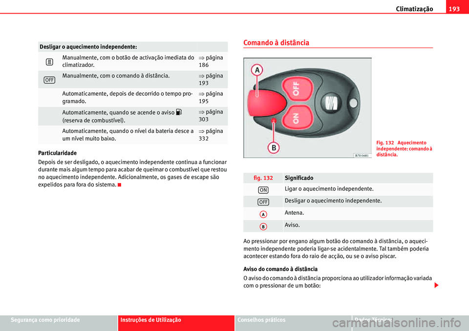 Seat Alhambra 2010  Manual do proprietário (in Portuguese)  Climatização193
Segurança como prioridadeInstruções de UtilizaçãoConselhos práticosDados Técnicos Particularidade
Depois de ser desligado, o aquecimento independente continua a funcionar 
dur
