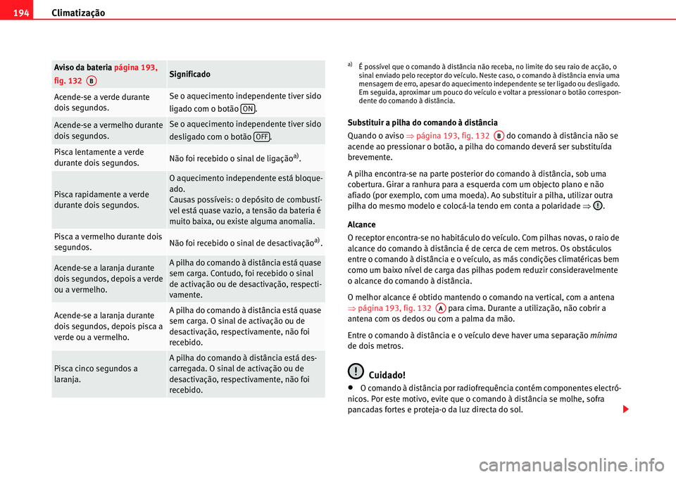 Seat Alhambra 2010  Manual do proprietário (in Portuguese)  Climatização 194
Substituir a pilha do comando à distância
Quando o aviso �Ÿpágina 193, fig. 132   do comando à distância não se 
acende ao pressionar o botão, a pilha do comando deverá ser