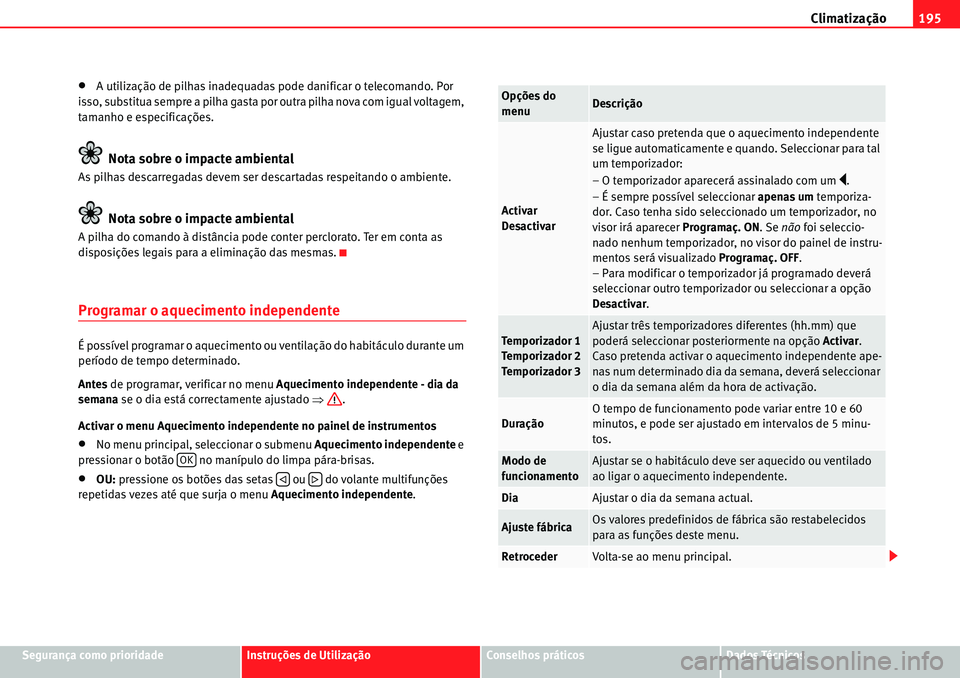Seat Alhambra 2010  Manual do proprietário (in Portuguese)  Climatização195
Segurança como prioridadeInstruções de UtilizaçãoConselhos práticosDados Técnicos
�xA utilização de pilhas inadequadas pode danificar o telecomando. Por 
isso, substitua sem