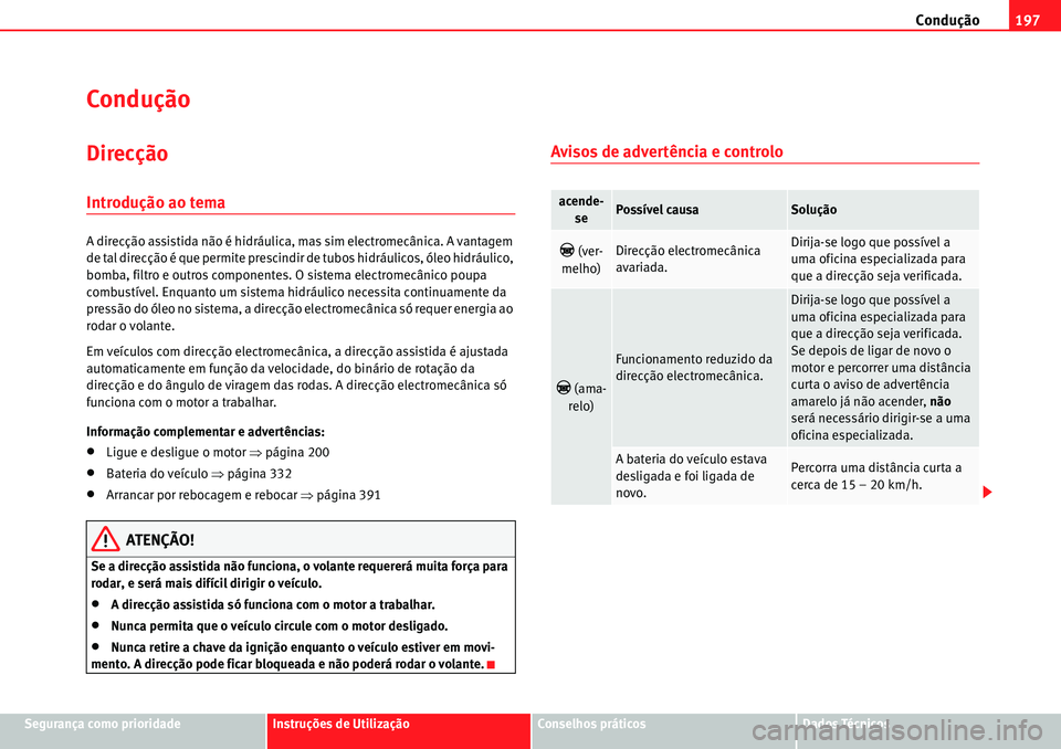 Seat Alhambra 2010  Manual do proprietário (in Portuguese)  Condução197
Segurança como prioridadeInstruções de UtilizaçãoConselhos práticosDados Técnicos
Condução
Direcção
Introdução ao tema
A direcção assistida não é hidráulica, mas sim el