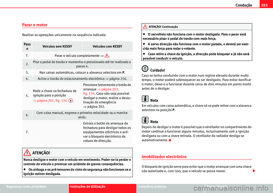 Seat Alhambra 2010  Manual do proprietário (in Portuguese)  Condução205
Segurança como prioridadeInstruções de UtilizaçãoConselhos práticosDados Técnicos
Parar o motor
Realizar as operações unicamente na sequência indicada:
ATENÇÃO!
Nunca desligu