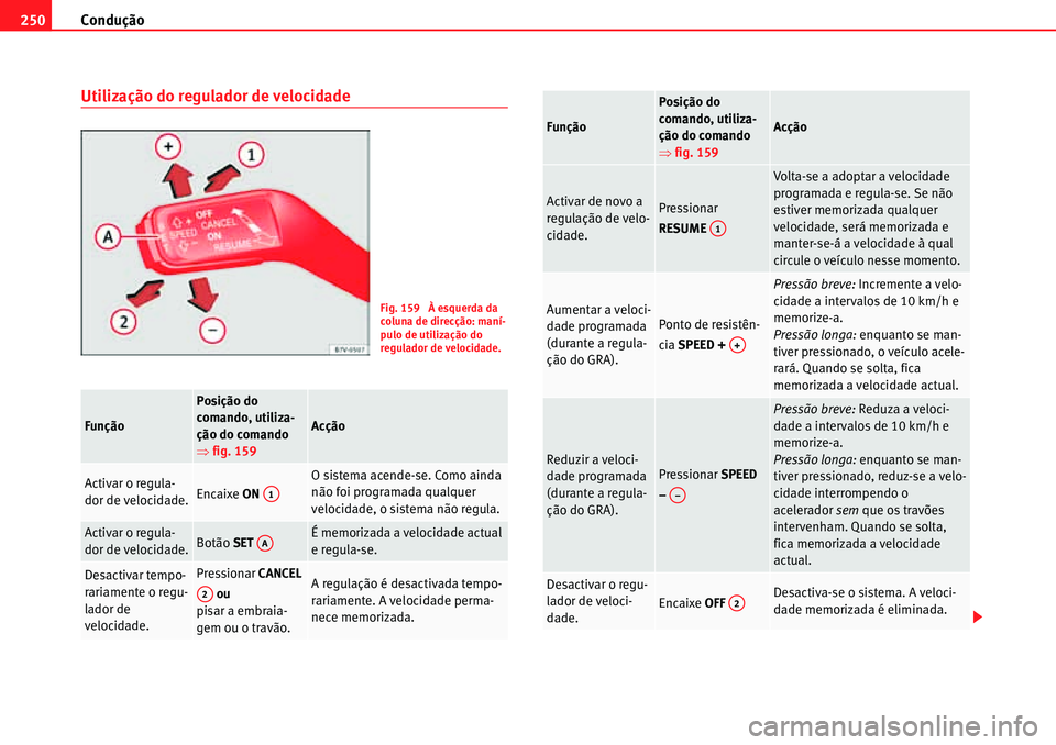 Seat Alhambra 2010  Manual do proprietário (in Portuguese)  Condução 250
Utilização do regulador de velocidade
Função
Posição do 
comando, utiliza-
ção do comando 
�Ÿfig. 159
Acção
Activar o regula-
dor de velocidade.Encaixe ON 
O sistema acende-s