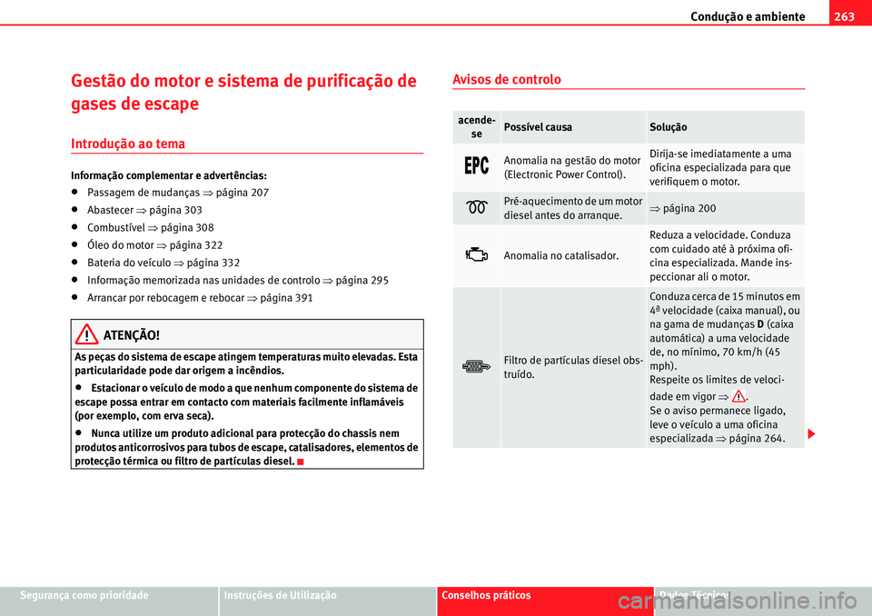 Seat Alhambra 2010 Manual do proprietário (in Portuguese) Condução e ambiente263
Segurança como prioridadeInstruções de UtilizaçãoConselhos práticosDados Técnicos
Gestão do motor e sistema de purificação de
gases de escape
Introdução ao tema
I Seat Alhambra 2010 Manual do proprietário (in Portuguese) Condução e ambiente263
Segurança como prioridadeInstruções de UtilizaçãoConselhos práticosDados Técnicos
Gestão do motor e sistema de purificação de
gases de escape
Introdução ao tema
I