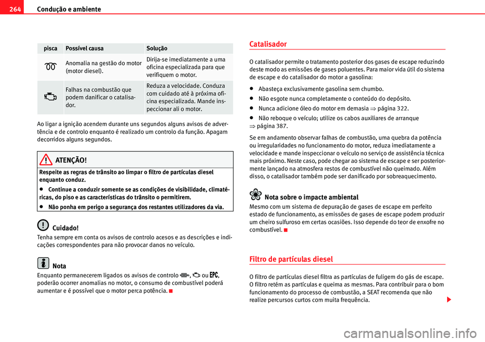 Seat Alhambra 2010 Manual do proprietário (in Portuguese) Condução e ambiente 264
Ao ligar a ignição acendem durante uns segundos alguns avisos de adver-
tência e de controlo enquanto é realizado um controlo da função. Apagam
decorridos alguns segun Seat Alhambra 2010 Manual do proprietário (in Portuguese) Condução e ambiente 264
Ao ligar a ignição acendem durante uns segundos alguns avisos de adver-
tência e de controlo enquanto é realizado um controlo da função. Apagam
decorridos alguns segun
