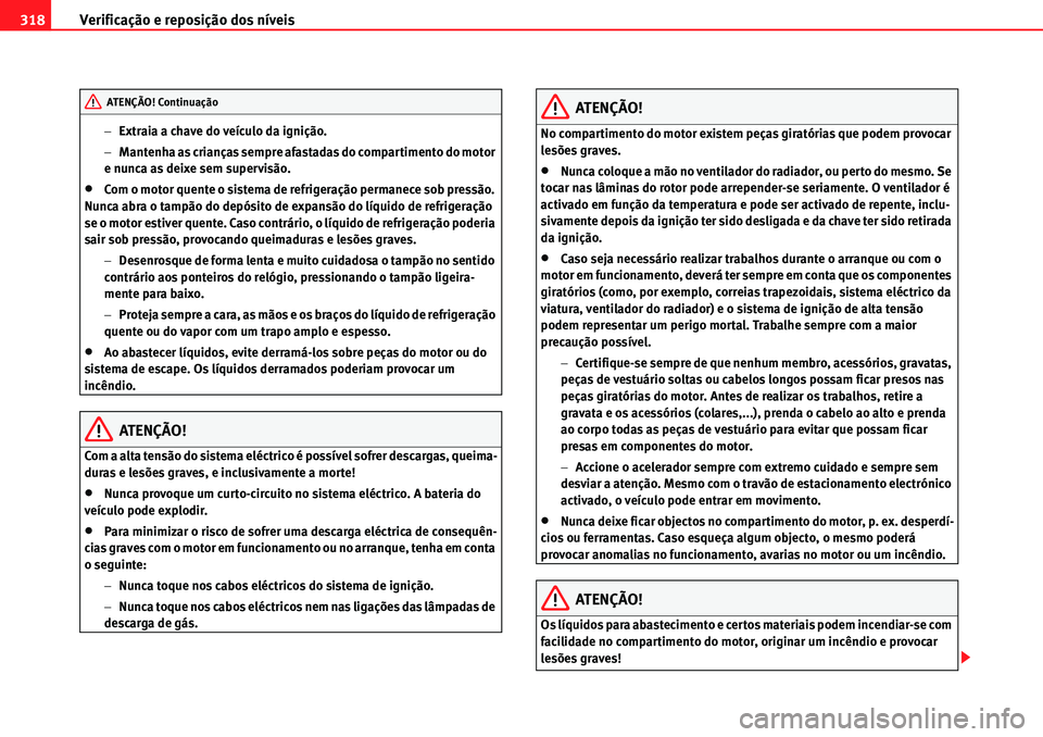 Seat Alhambra 2010  Manual do proprietário (in Portuguese)  Verificação e reposição dos níveis 318
�Extraia a chave do veículo da ignição.
�Mantenha as crianças sempre afastadas do compartimento do motor 
e nunca as deixe sem supervisão.
�xCom o mo