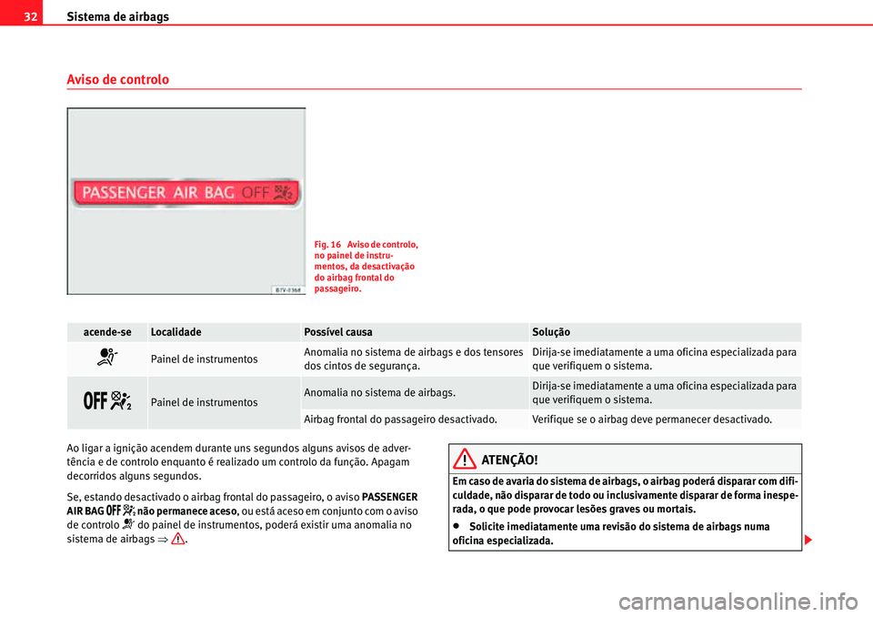 Seat Alhambra 2010  Manual do proprietário (in Portuguese)  Sistema de airbags 32
Aviso de controlo
Ao ligar a ignição acendem durante uns segundos alguns avisos de adver-
tência e de controlo enquanto é realizado um controlo da função. Apagam 
decorrido