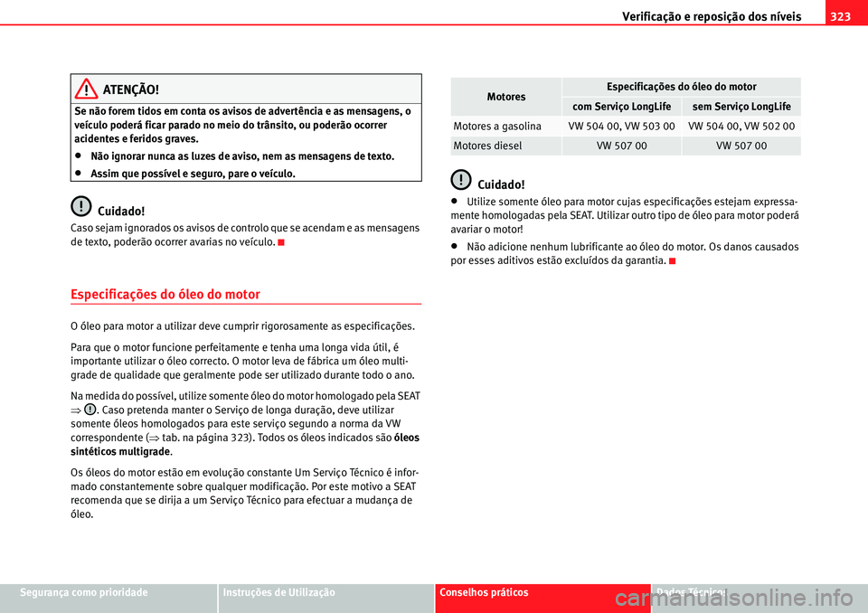 Seat Alhambra 2010  Manual do proprietário (in Portuguese)  Verificação e reposição dos níveis323
Segurança como prioridadeInstruções de UtilizaçãoConselhos práticosDados Técnicos
ATENÇÃO!
Se não forem tidos em conta os avisos de advertência e 