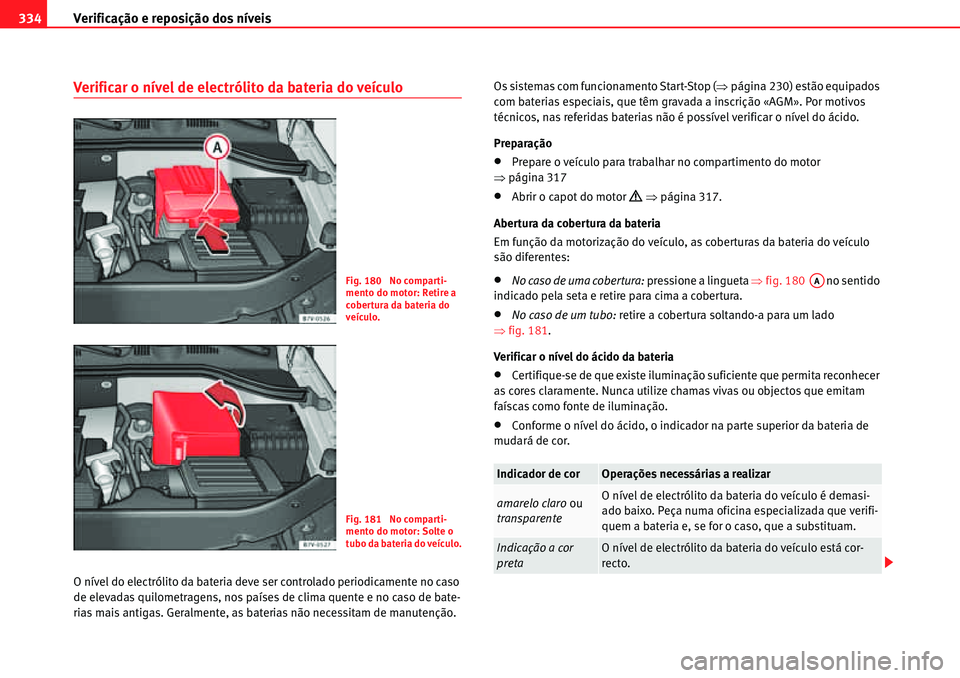 Seat Alhambra 2010  Manual do proprietário (in Portuguese)  Verificação e reposição dos níveis 334
Verificar o nível de electrólito da bateria do veículo
O nível do electrólito da bateria deve ser controlado periodicamente no caso 
de elevadas quilom