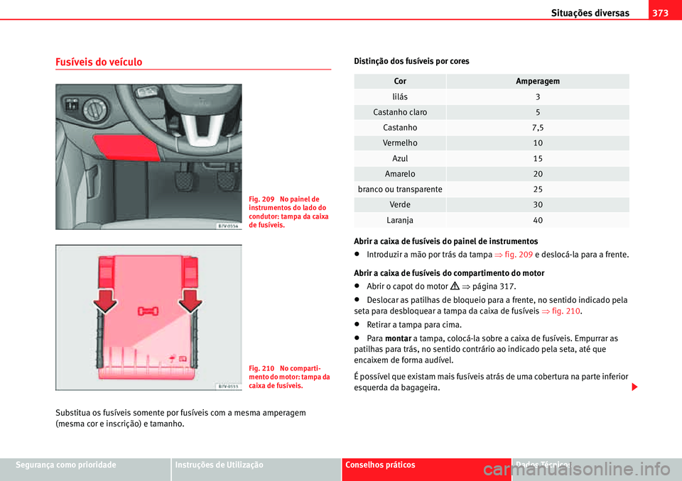 Seat Alhambra 2010  Manual do proprietário (in Portuguese)  Situações diversas373
Segurança como prioridadeInstruções de UtilizaçãoConselhos práticosDados Técnicos
Fusíveis do veículo
Substitua os fusíveis somente por fusíveis com a mesma amperage