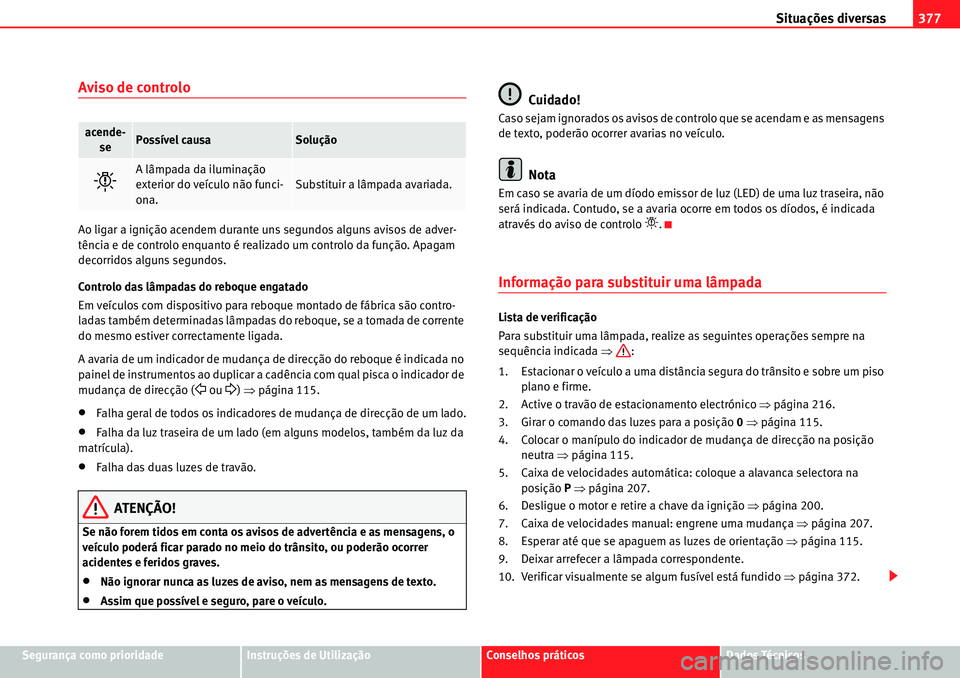 Seat Alhambra 2010  Manual do proprietário (in Portuguese)  Situações diversas377
Segurança como prioridadeInstruções de UtilizaçãoConselhos práticosDados Técnicos
Aviso de controlo
Ao ligar a ignição acendem durante uns segundos alguns avisos de ad