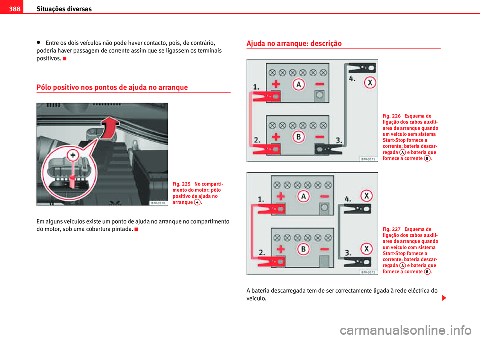 Seat Alhambra 2010  Manual do proprietário (in Portuguese)  Situações diversas 388
�xEntre os dois veículos não pode haver contacto, pois, de contrário, 
poderia haver passagem de corrente assim que se ligassem os terminais 
positivos.
Pólo positivo nos 