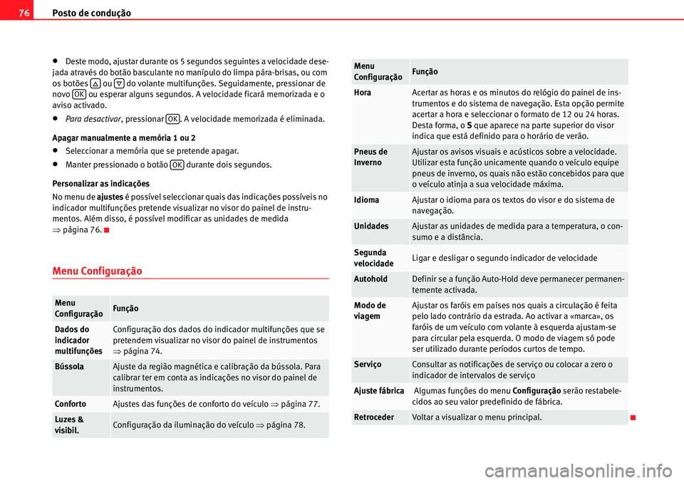 Seat Alhambra 2010  Manual do proprietário (in Portuguese)  Posto de condução 76
�xDeste modo, ajustar durante os 5 segundos seguintes a velocidade dese-
jada através do botão basculante no manípulo do limpa pára-brisas, ou com 
os botões   ou   do vola