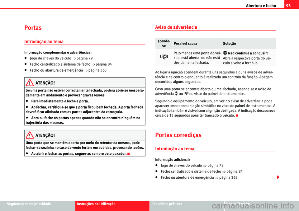 Seat Alhambra 2010  Manual do proprietário (in Portuguese)  Abertura e fecho93
Segurança como prioridadeInstruções de UtilizaçãoConselhos práticosDados Técnicos
Portas
Introdução ao tema
Informação complementar e advertências:
�xJogo de chaves do v