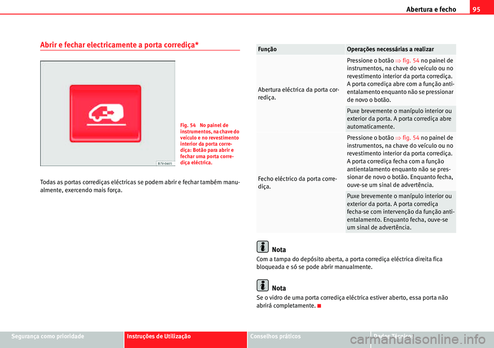 Seat Alhambra 2010  Manual do proprietário (in Portuguese)  Abertura e fecho95
Segurança como prioridadeInstruções de UtilizaçãoConselhos práticosDados Técnicos
Abrir e fechar electricamente a porta corrediça*
Todas as portas corrediças eléctricas se