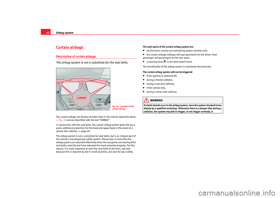 Seat Alhambra 2009 Service Manual Airbag system
42Curtain airbagsDescription of curtain airbags
The airbag system is not a substitute for the seat belts.The curtain airbags are located on both sides in the interior above the doors 
