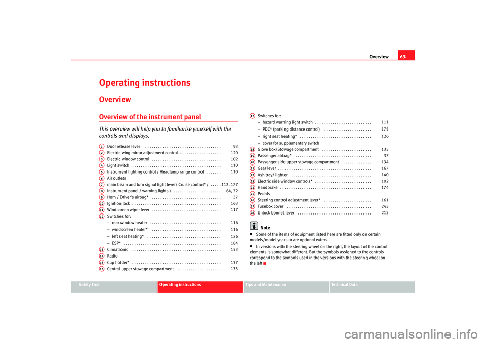 Seat Alhambra 2009 Owners Manual Overview63
Safety First
Operating instructions
Tips and Maintenance
Te c h n i c a l D a t a
Operating instructionsOverviewOverview of the instrument panelThis overview will help you to familiarise y Seat Alhambra 2009 Owners Manual Overview63
Safety First
Operating instructions
Tips and Maintenance
Te c h n i c a l D a t a
Operating instructionsOverviewOverview of the instrument panelThis overview will help you to familiarise y