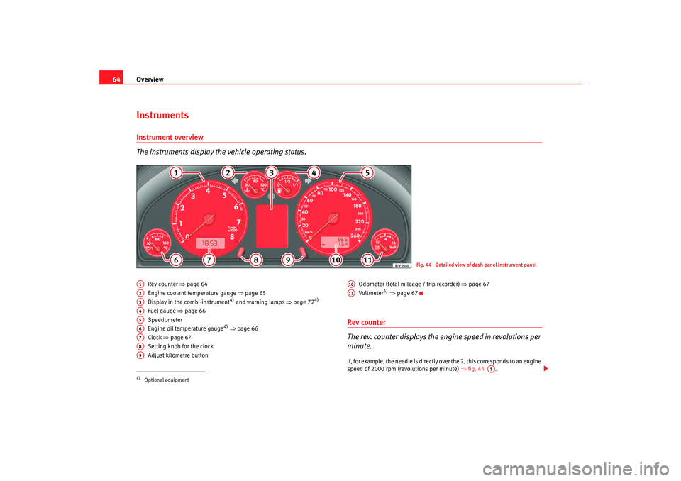 Seat Alhambra 2009 Owners Manual Overview
64InstrumentsInstrument overview
The instruments display the vehicle operating status.
Rev counter ⇒page 64
Engine coolant temperature gauge ⇒ page 65
Display in the combi-instrument
4) Seat Alhambra 2009 Owners Manual Overview
64InstrumentsInstrument overview
The instruments display the vehicle operating status.
Rev counter ⇒page 64
Engine coolant temperature gauge ⇒ page 65
Display in the combi-instrument
4)