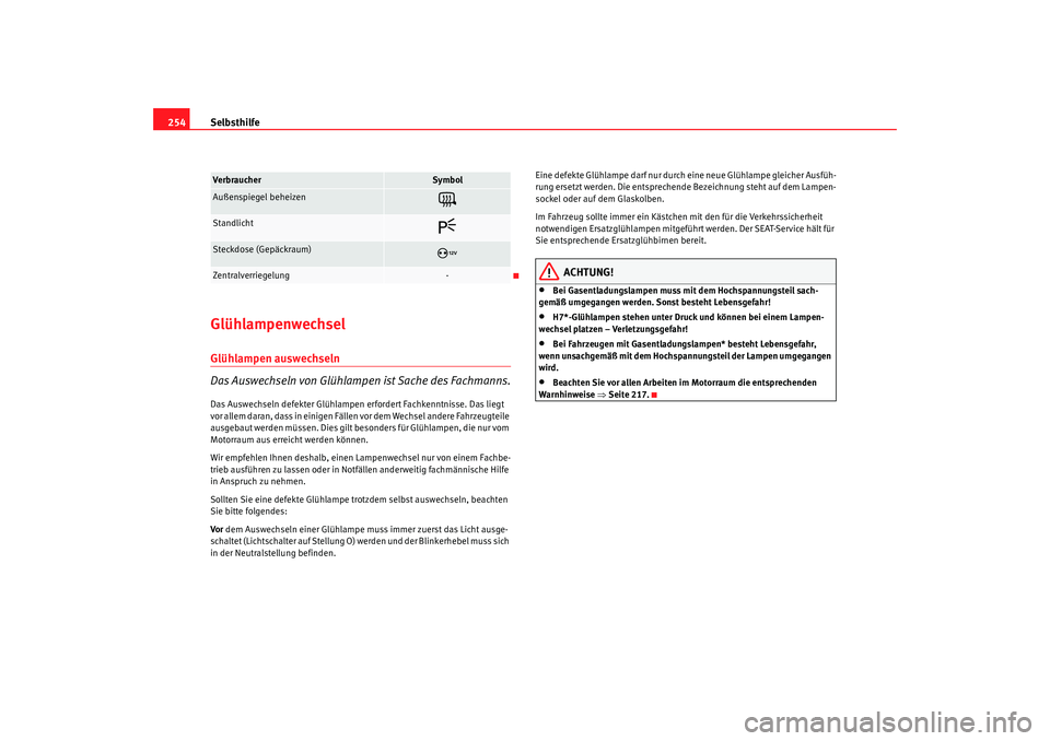 Seat Alhambra 2009 Betriebsanleitung (in German) Selbsthilfe
254GlühlampenwechselGlühlampen auswechseln
Das Auswechseln von Glühlampen ist Sache des Fachmanns.Das Auswechseln defekter Glühlampen erfordert Fachkenntnisse. Das liegt
vor allem dar Seat Alhambra 2009 Betriebsanleitung (in German) Selbsthilfe
254GlühlampenwechselGlühlampen auswechseln
Das Auswechseln von Glühlampen ist Sache des Fachmanns.Das Auswechseln defekter Glühlampen erfordert Fachkenntnisse. Das liegt
vor allem dar