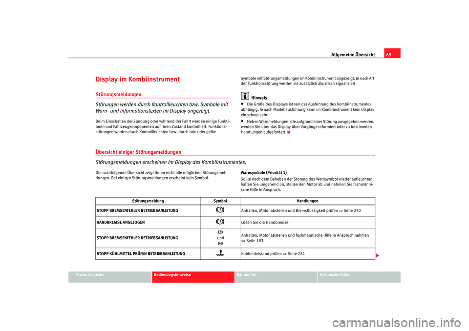 Seat Alhambra 2009  Betriebsanleitung (in German) Allgemeine Übersicht69
Sicher ist sicher
Bedienungshinweise
Rat und Tat
Te c h n i s c h e  D a t e n
Display im KombiinstrumentStörungsmeldungen
Störungen werden durch Kontrollleuchten bzw. Symbol