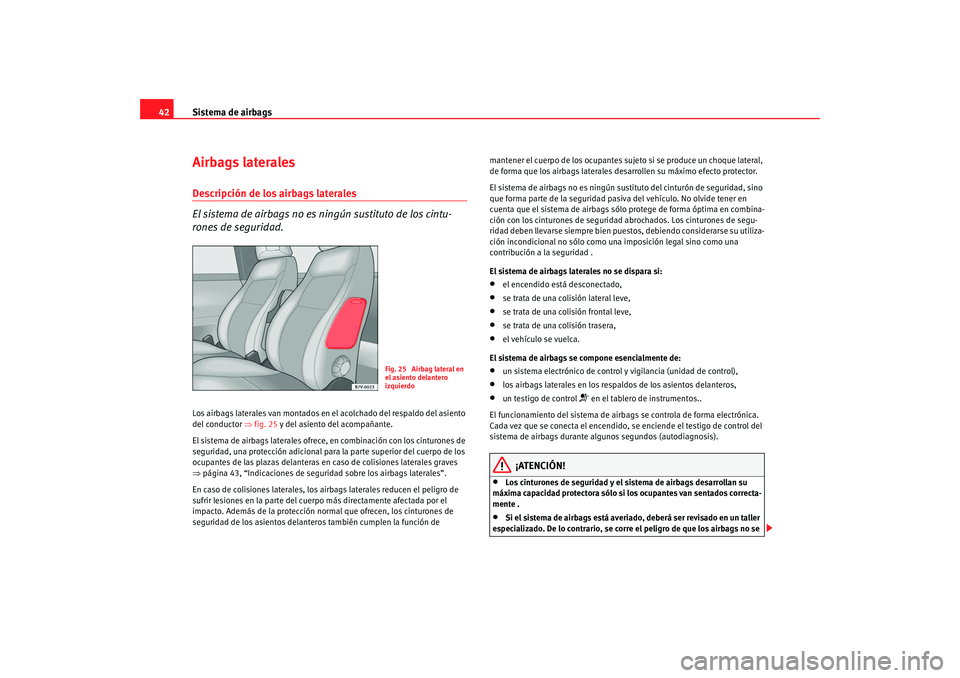 Seat Alhambra 2009  Manual del propietario (in Spanish) Sistema de airbags
42Airbags lateralesDescripción de los airbags laterales
El sistema de airbags no es ningún sustituto de los cintu-
rones de seguridad.Los airbags laterales van montados en  el aco