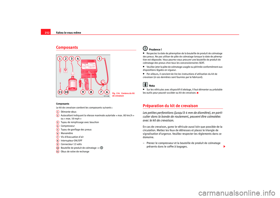Seat Alhambra 2009  Manuel du propriétaire (in French)  Faites-le vous-même
252ComposantsCo mp osa n ts
Le kit de crevaison contient les composants suivants :
Démonte-obus
Autocollant indiquant la vitesse maximale autorisée « max. 80 km/h » 
ou « max