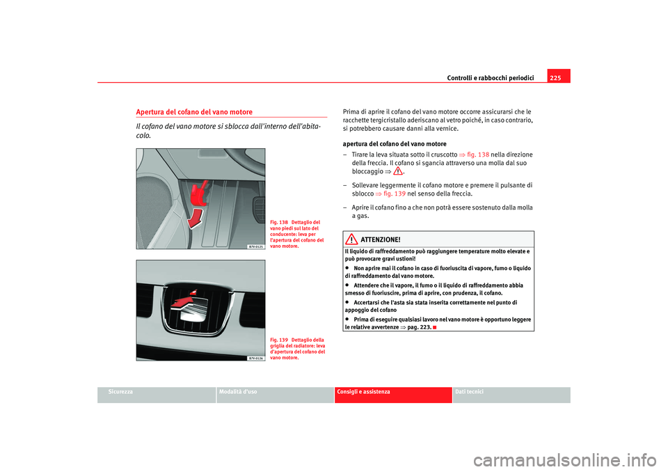 Seat Alhambra 2009 Manuale del proprietario (in Italian) Controlli e rabbocchi periodici225
Sicurezza
Modalità duso
Consigli e assistenza
Dati tecnici
Apertura del cofano del vano motore
Il cofano del vano motore si sblocca dallinterno dellabita-
colo.
Seat Alhambra 2009 Manuale del proprietario (in Italian) Controlli e rabbocchi periodici225
Sicurezza
Modalità duso
Consigli e assistenza
Dati tecnici
Apertura del cofano del vano motore
Il cofano del vano motore si sblocca dallinterno dellabita-
colo.