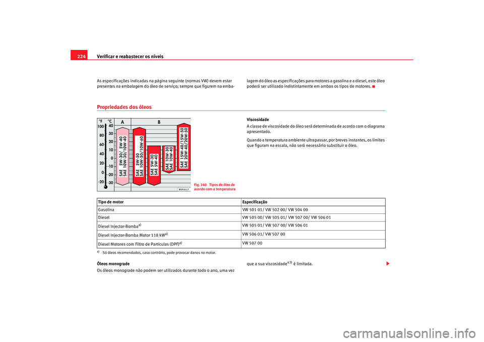 Seat Alhambra 2009 Manual do proprietário (in Portuguese) Verificar e reabastecer os níveis
224As especificações indicadas na página seguinte (normas VW) devem estar
presentes na embalagem do óleo de serviço; sempre que figurem na emba- lagem do óleo Seat Alhambra 2009 Manual do proprietário (in Portuguese) Verificar e reabastecer os níveis
224As especificações indicadas na página seguinte (normas VW) devem estar
presentes na embalagem do óleo de serviço; sempre que figurem na emba- lagem do óleo